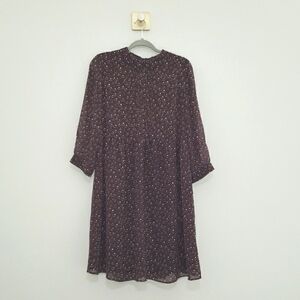 Uniqlo Peter Pan Collar Dress Large Burgundy Red White Pleat Smocked 3/4 Sleeves